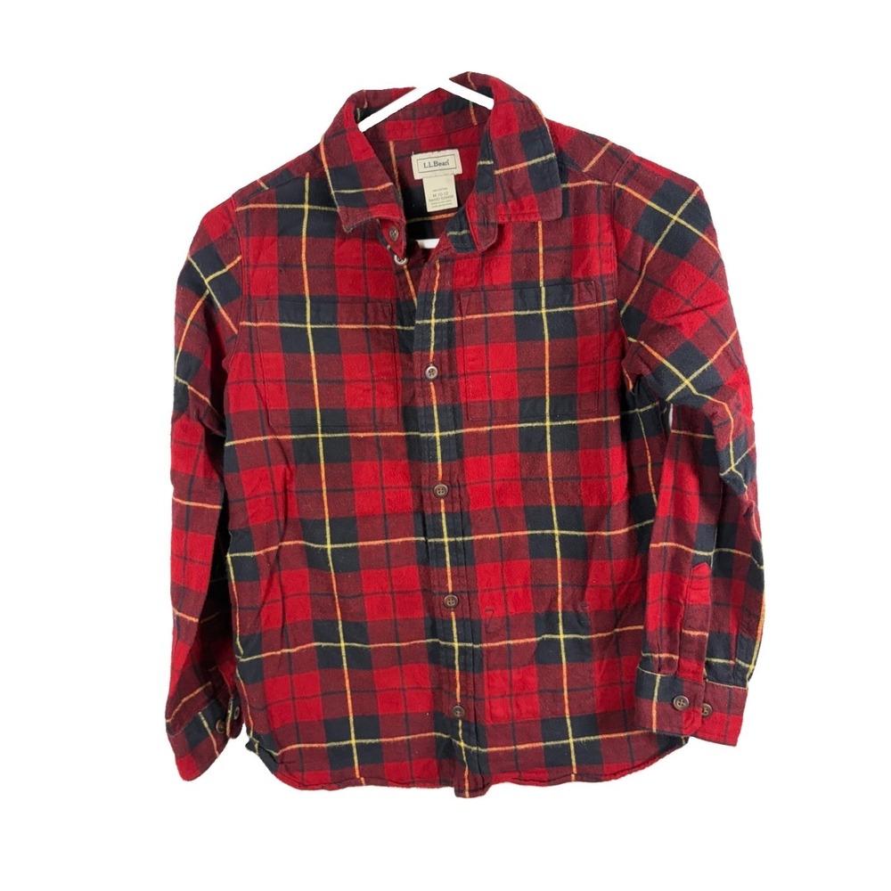 LL Bean Kids Boys Flannel Shirt Size M 10-12 Red Green Tartan Plaid Button Down